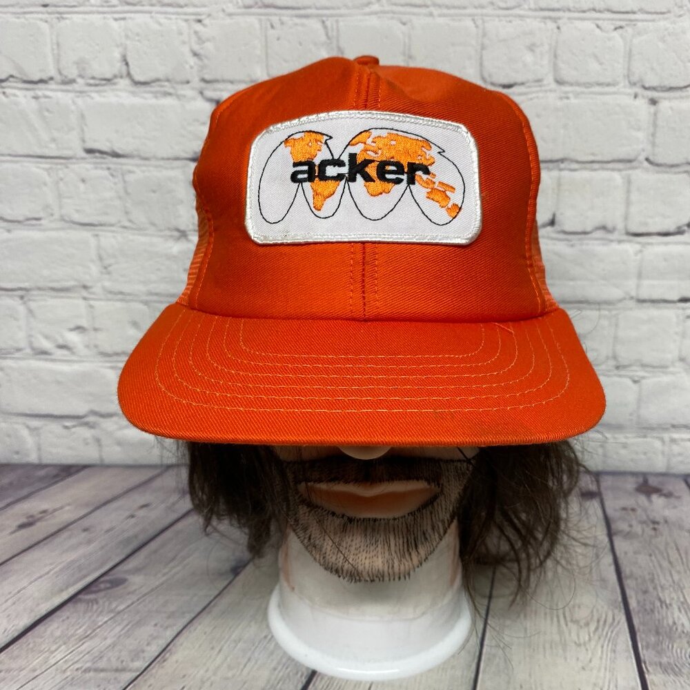 Vintage Trucker Hat Mesh Cap Orange Acker Sew On Patch Logo Made in USA